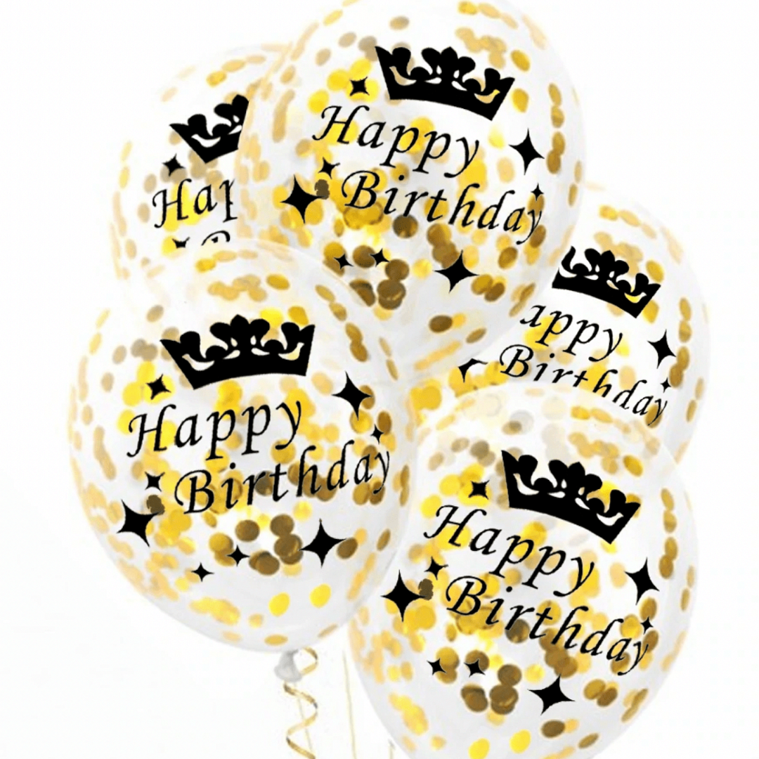 Балони Happy Birthday  с корона и златни конфети  - 5 броя