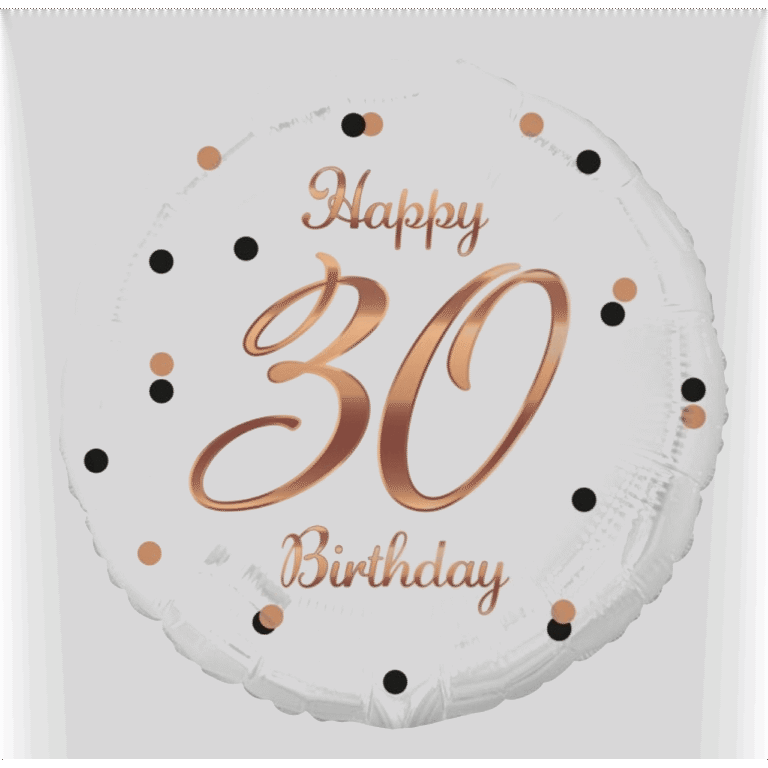Фолиев Балон  "30 th Birthday"  бял с принт  в розово злато - 45 см