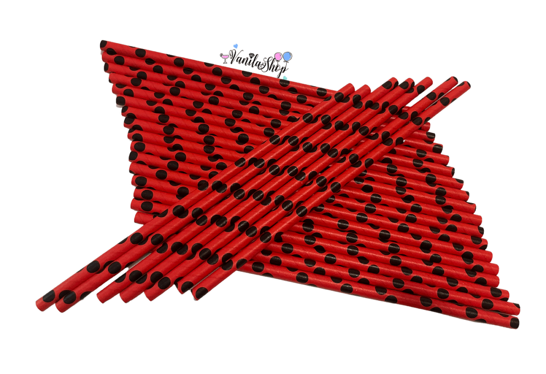 Хартиени сламки |  червени с черни точки  |  19 | 5 см (1 пакет/ 25 бр.) - Image 2