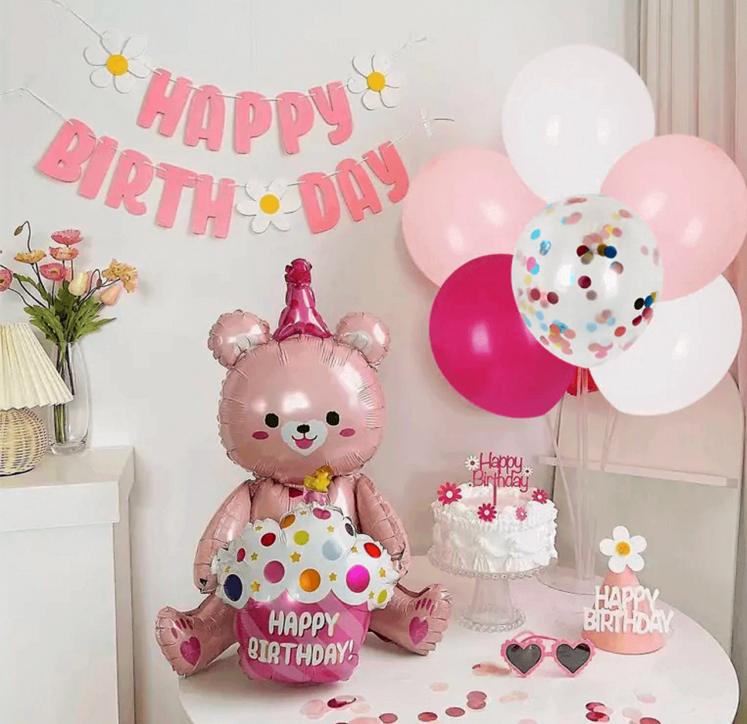 Комплект Балони Мече "Happy Birthday" със стойка /8 броя/