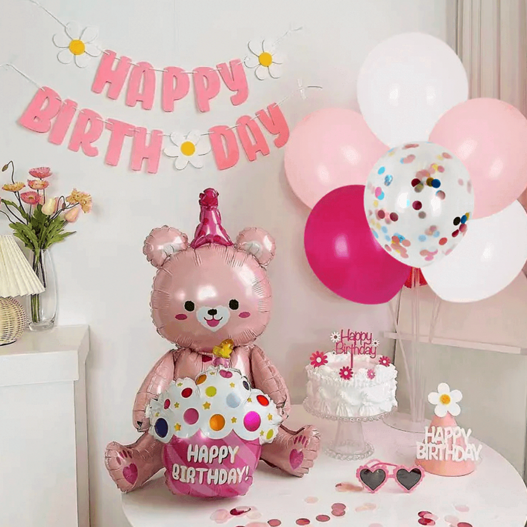Комплект Балони Мече "Happy Birthday" със стойка /8 броя/