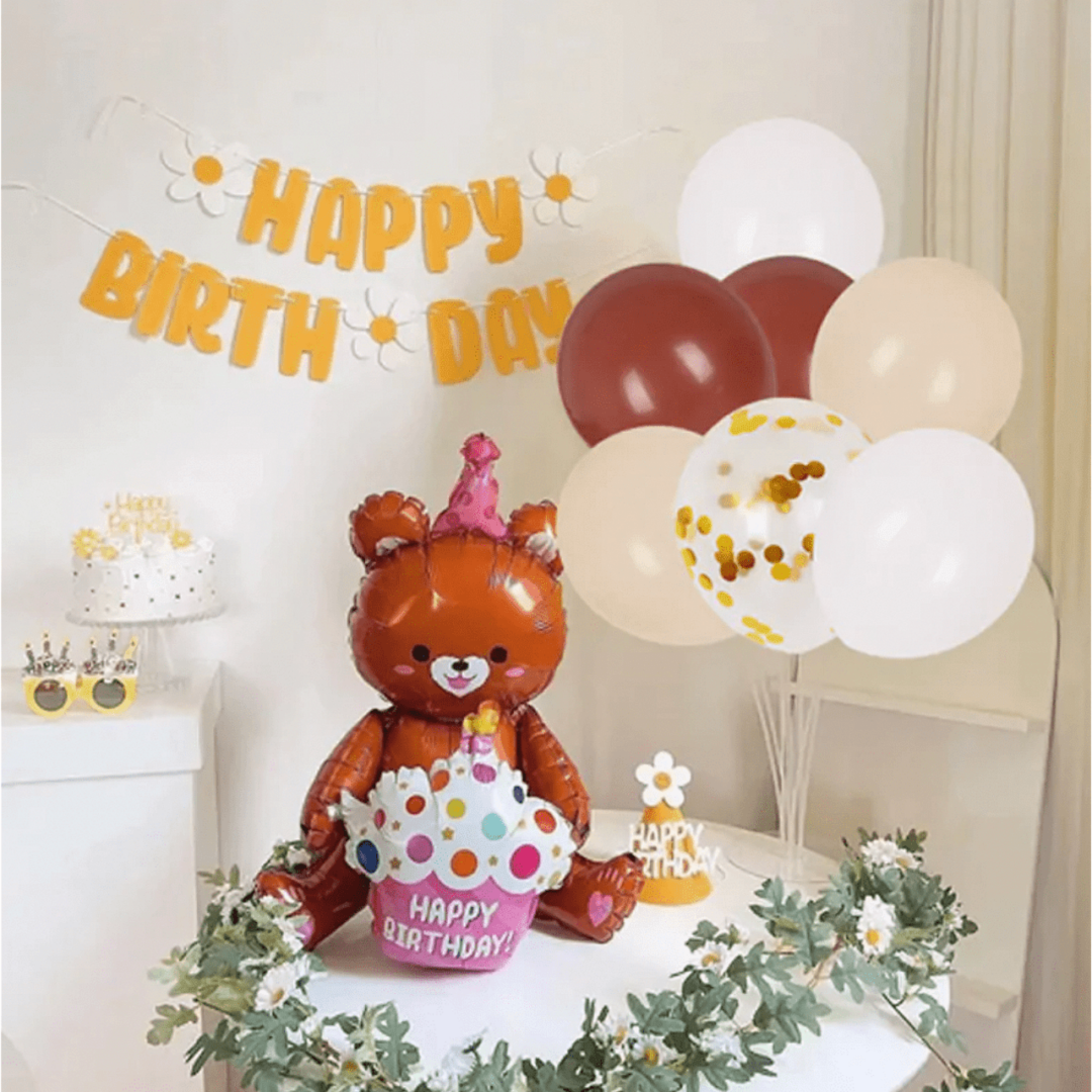 Комплект Балони Мече "Happy Birthday" със стойка /8 броя/