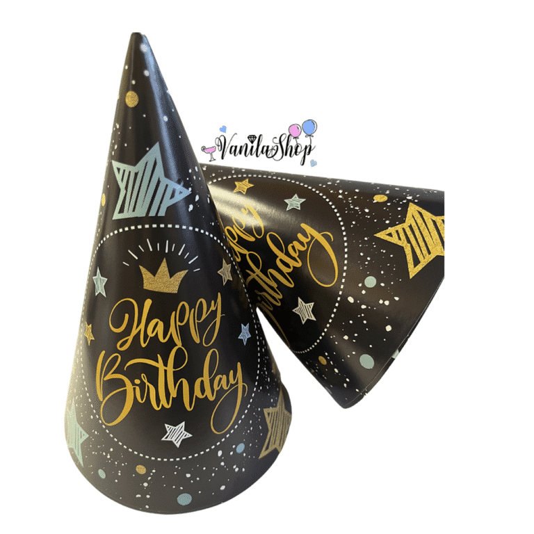 Парти шапки черна - Happy Birthday - 6 броя