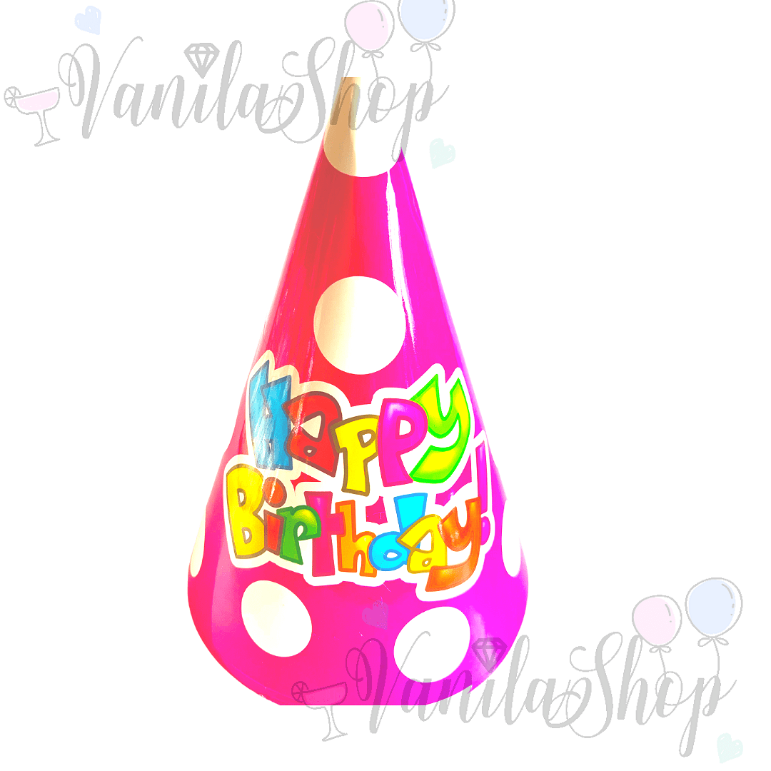 Парти шапки в циклама на точки - Happy Birthday - 6 броя