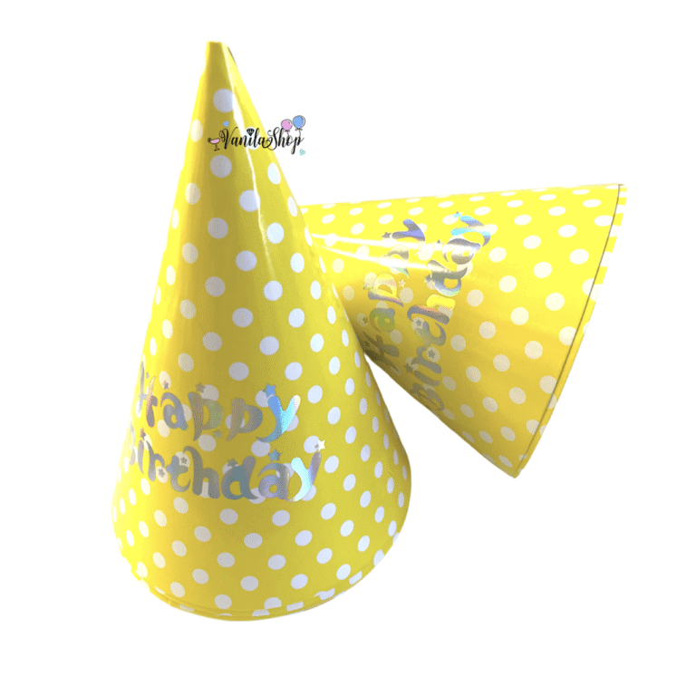 Парти шапки жълти на точки - Happy Birthday - 6 броя