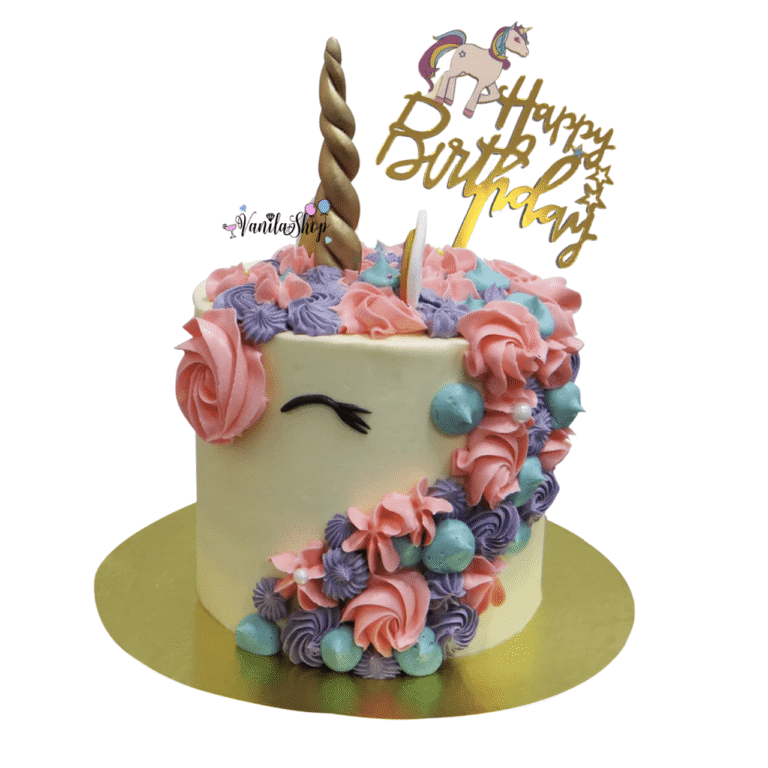 Топер за торта златен Happy Birthday - Unicorn