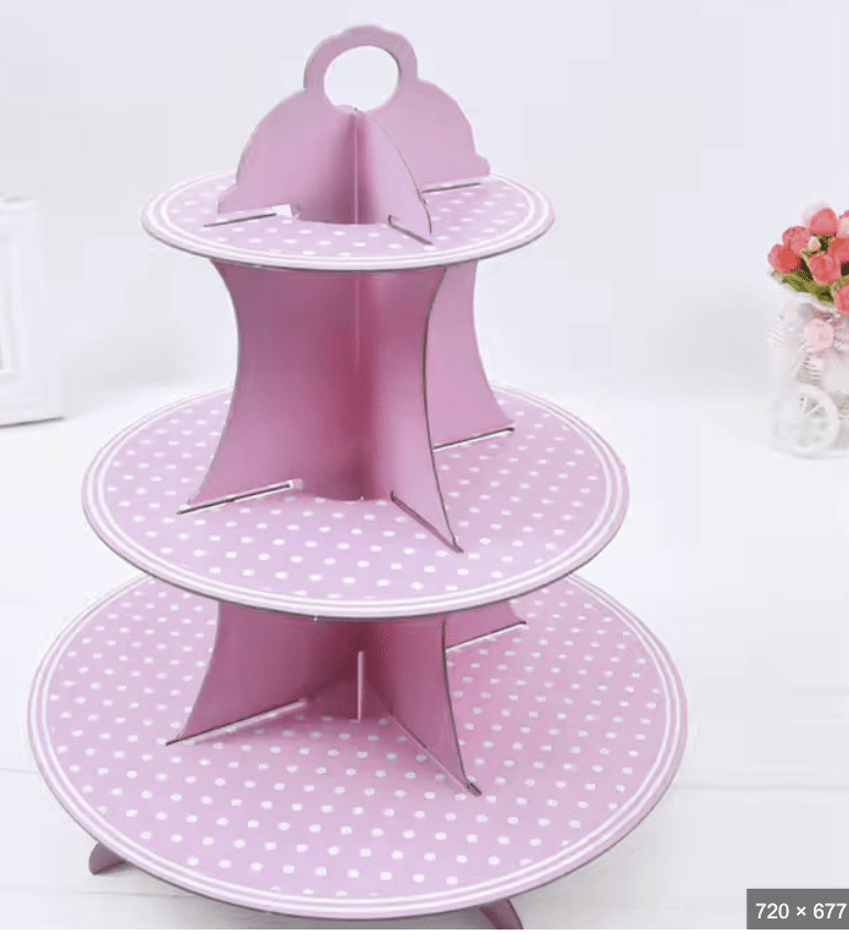 Стойка за мъфини и сладки - розова на точки на 3 нива