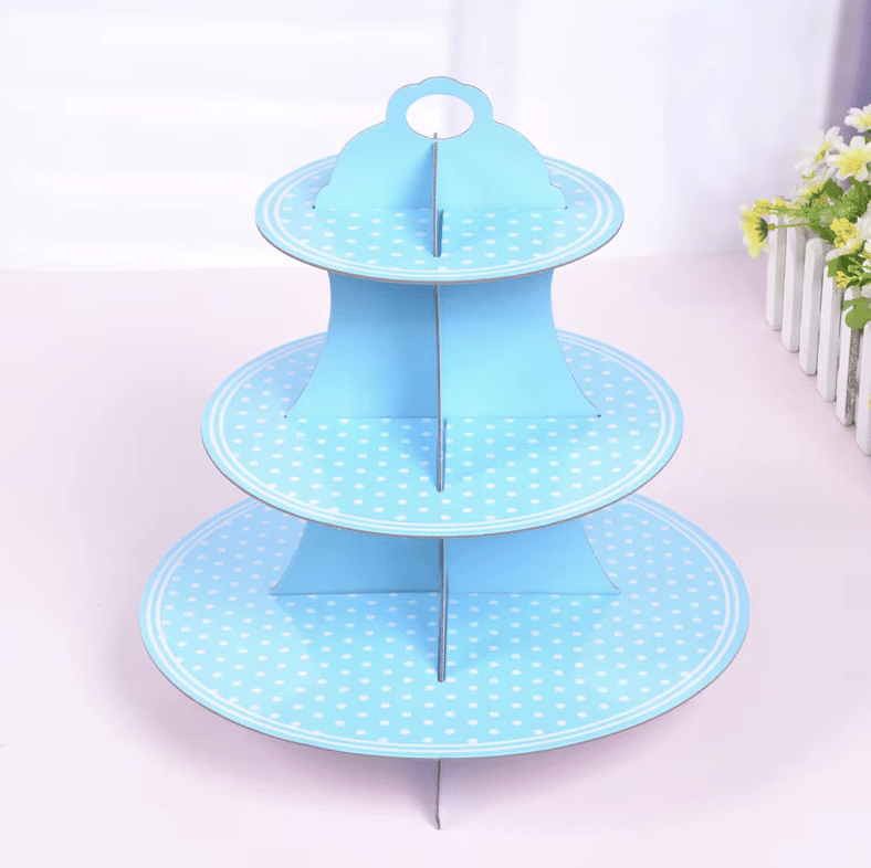 Стойка за мъфини и сладки - синя на точки на 3 нива