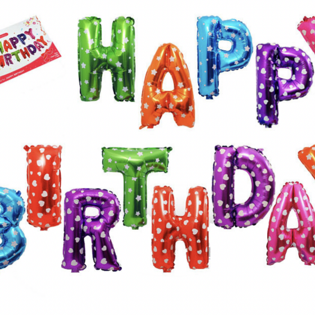 Фолио Балон Happy Birthday -  букви в микс цветове сърца + зезди