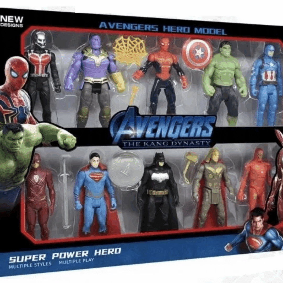 Комплект фигурки Avengers – The Kang Dynasty (10 броя) 🎁 Материал: висококачествена пластмаса 💥 Тематика: Avengers / Супергерои Готови ли сте за епична битка между супергероите? Комплектът Avengers – The Kang Dynasty включва 12 фигурки на любими герои от света на Marvel и DC – сред които Спайдърмен, Хълк, Капитан Америка, Тор, Железния човек, Батман, Супермен и други! Този комплект е перфектен подарък за малките фенове на супергероите, които обичат приключенията и въображаемите битки между доброто и злото. Комплектът включва: 12 фигурки на супергерои с подвижни части Реалистичен дизайн и ярки цветове Различни оръжия и аксесоари за игра Характеристики: 🧒 Подходящ за деца: 3+ години 📏 Размер на опаковката: 36.5 x 28 x 3.8 см 🎁 Материал: висококачествена пластмаса 💥 Тематика: Avengers / Супергерои