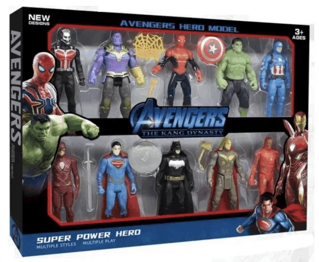 Комплект фигурки Avengers – The Kang Dynasty (10 броя) 🎁 Материал: висококачествена пластмаса 💥 Тематика: Avengers / Супергерои Готови ли сте за епична битка между супергероите? Комплектът Avengers – The Kang Dynasty включва 12 фигурки на любими герои от света на Marvel и DC – сред които Спайдърмен, Хълк, Капитан Америка, Тор, Железния човек, Батман, Супермен и други! Този комплект е перфектен подарък за малките фенове на супергероите, които обичат приключенията и въображаемите битки между доброто и злото. Комплектът включва: 12 фигурки на супергерои с подвижни части Реалистичен дизайн и ярки цветове Различни оръжия и аксесоари за игра Характеристики: 🧒 Подходящ за деца: 3+ години 📏 Размер на опаковката: 36.5 x 28 x 3.8 см 🎁 Материал: висококачествена пластмаса 💥 Тематика: Avengers / Супергерои