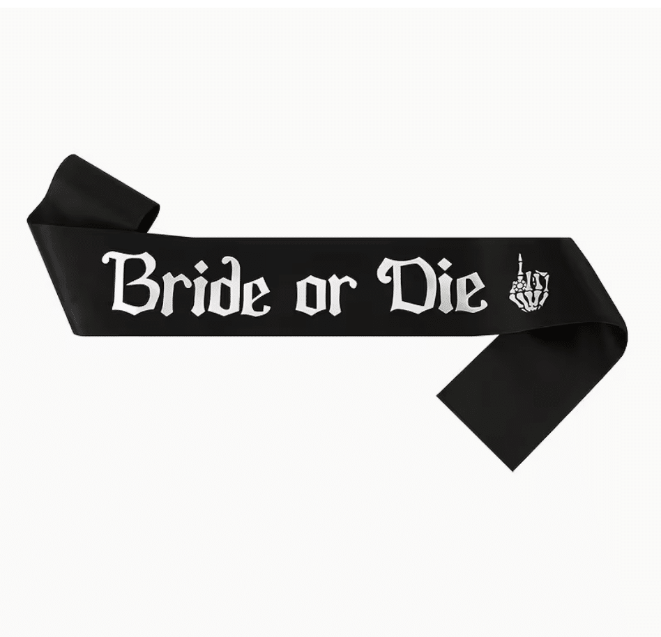 Черна парти лента за моминско парти „Bride or Die“ – 160 см - готически стил