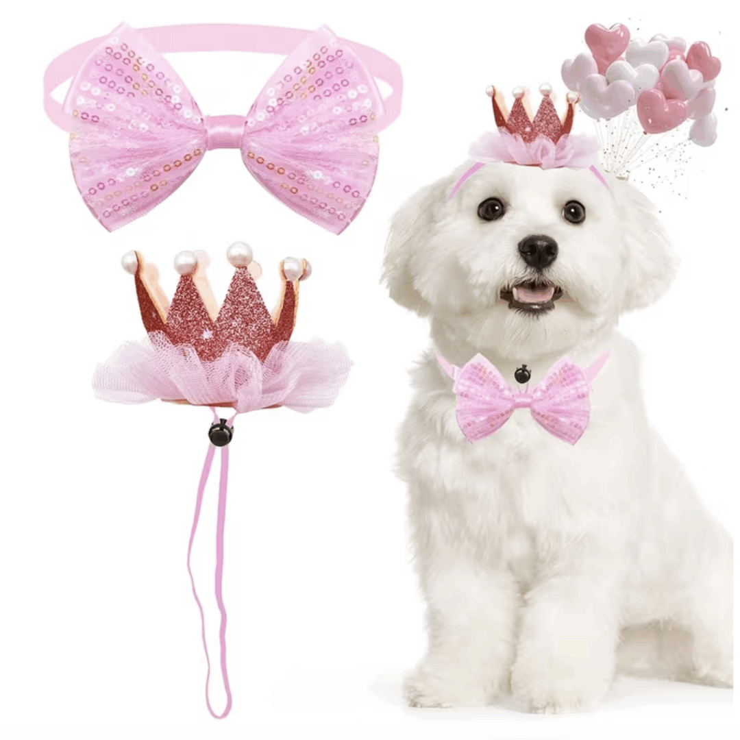 👑 Парти комплект за домашни любимци „Принцеса“ – Розова коронка и папийонка