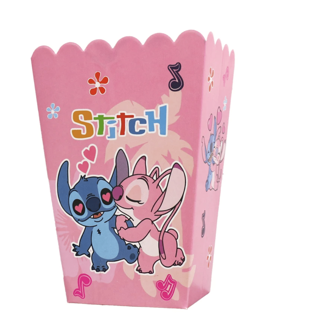 🍿 Парти кутии за пуканки и лакомства „Стич и Ейнджъл“ – 6 броя