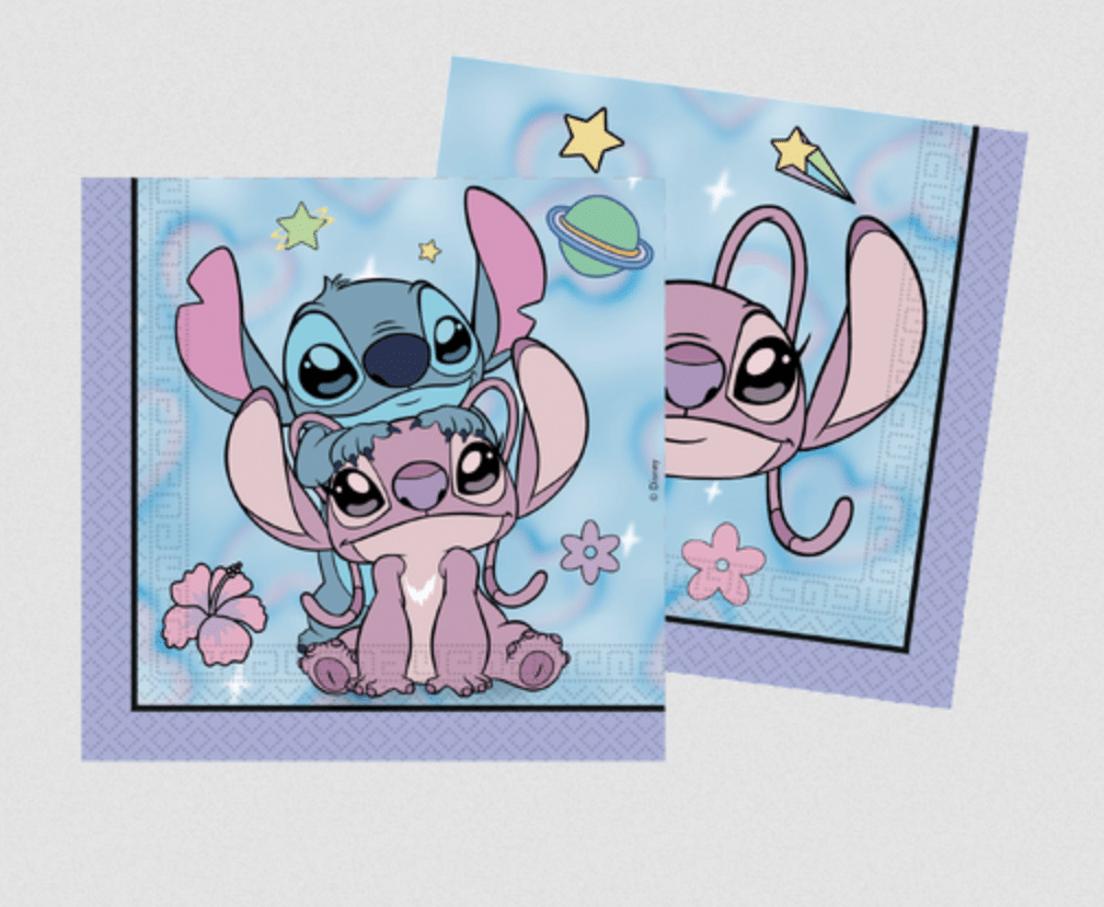 Лицензирани парти салфетки Disney Стич и Ейнджъл, 20 броя, синьо-лилав дизайн, Procos